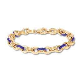 Italia D'Oro Oval Disk Bracelet Dark Blue Enamel 14K Yellow Gold