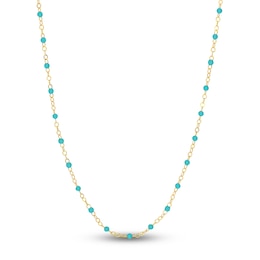 Solid Station Necklace Turquoise Enamel 14K Yellow Gold 18&quot;