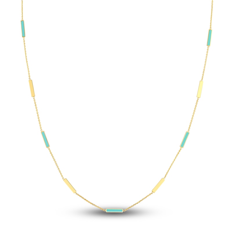 Bar Station Necklace Turquoise Enamel 14K Yellow Gold