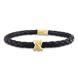 Y-Knot Men's Woven Black Leather Bracelet 14K Yellow Gold 9&quot;