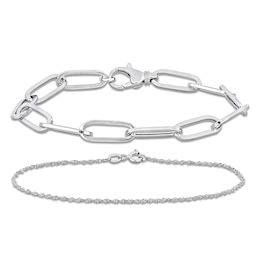 Oval-Link & Singapore Chain Bracelet Set 14K White Gold