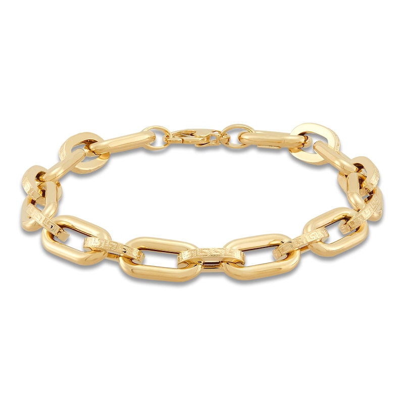 Hollow Oval Link Greek Key Bracelet 8.3mm 14K Yellow Gold 7.5"