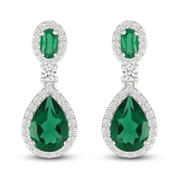 Oval-Cut & Pear-Shaped Lab-Created Emerald & White Lab-Created Sapphire Drop Earrings Sterling Silver