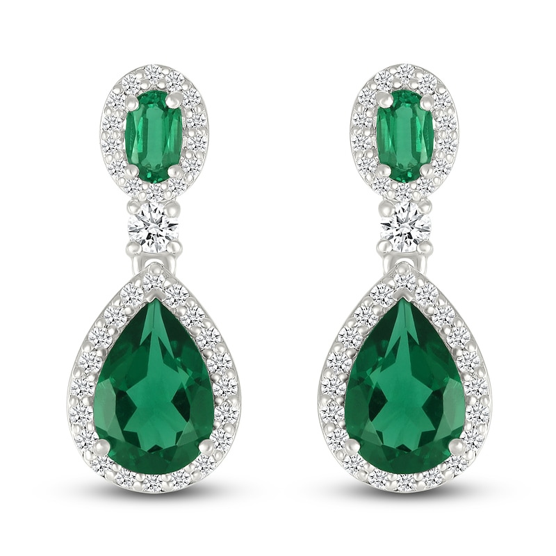 Oval-Cut & Pear-Shaped Lab-Created Emerald & White Lab-Created Sapphire Drop Earrings Sterling Silver