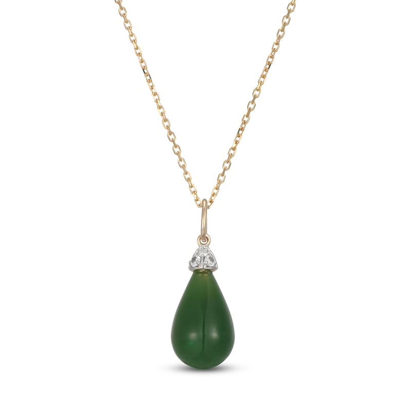 Main Image 1 of Pear-Shaped Natural Nephrite Jade & Diamond Necklace 1/20 ct tw 14K Yellow Gold 18&quot;