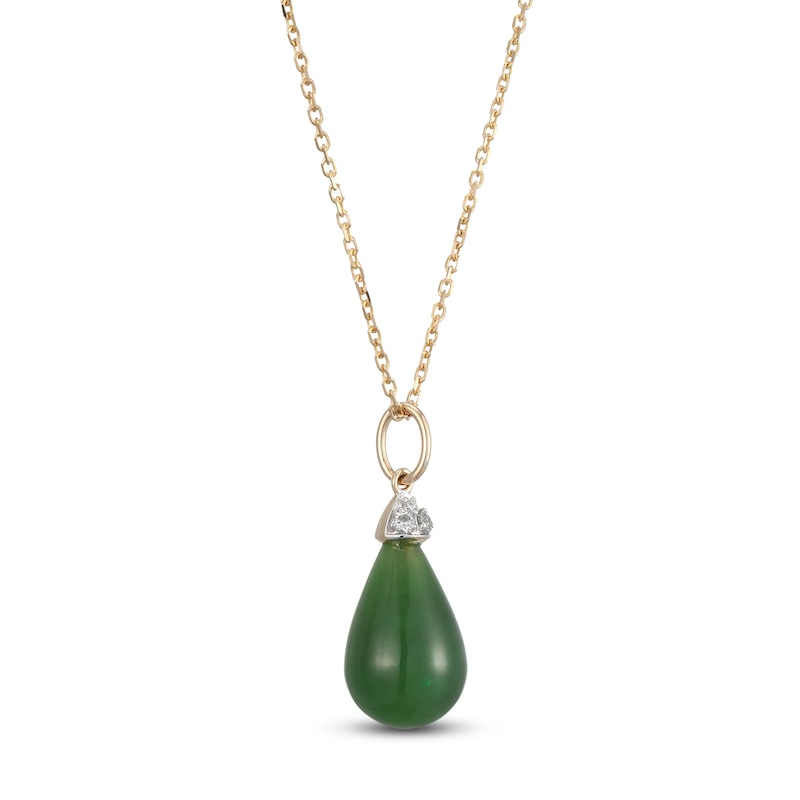 Main Image 2 of Pear-Shaped Natural Nephrite Jade & Diamond Necklace 1/20 ct tw 14K Yellow Gold 18&quot;