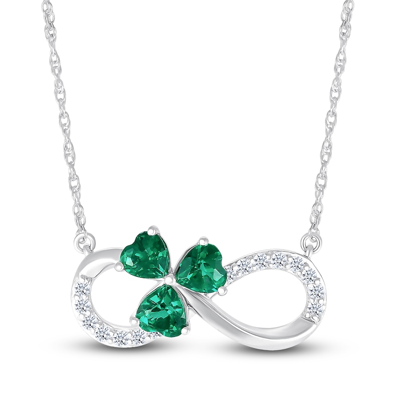 Main Image 1 of Heart-Shaped Lab-Created Emerald & White Lab-Created Sapphire Shamrock Infinity Necklace Sterling Silver 18&quot;