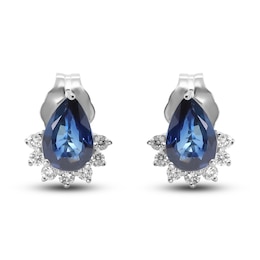 Natural Blue Sapphire Stud Earrings 1/8 ct tw Diamonds 14K White Gold