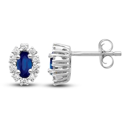 Natural Blue Sapphire Stud Earrings 1/5 ct tw Diamonds 14K White Gold