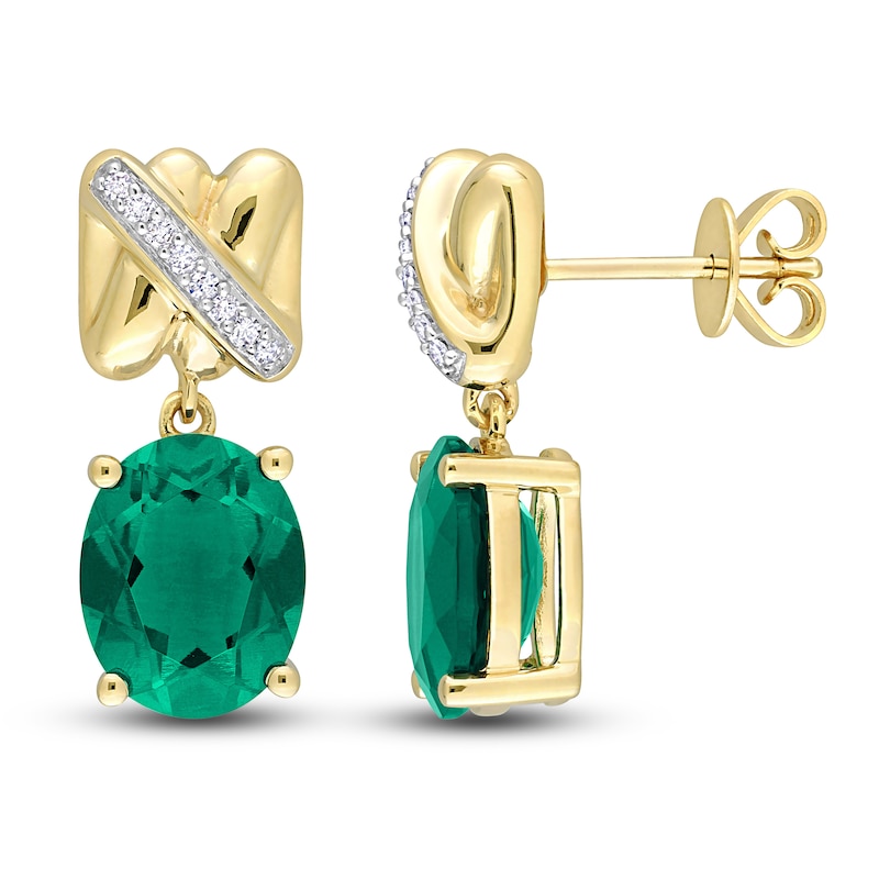 Y-Knot Lab-Created Emerald Earrings 1/15 Diamonds 14K Yellow Gold