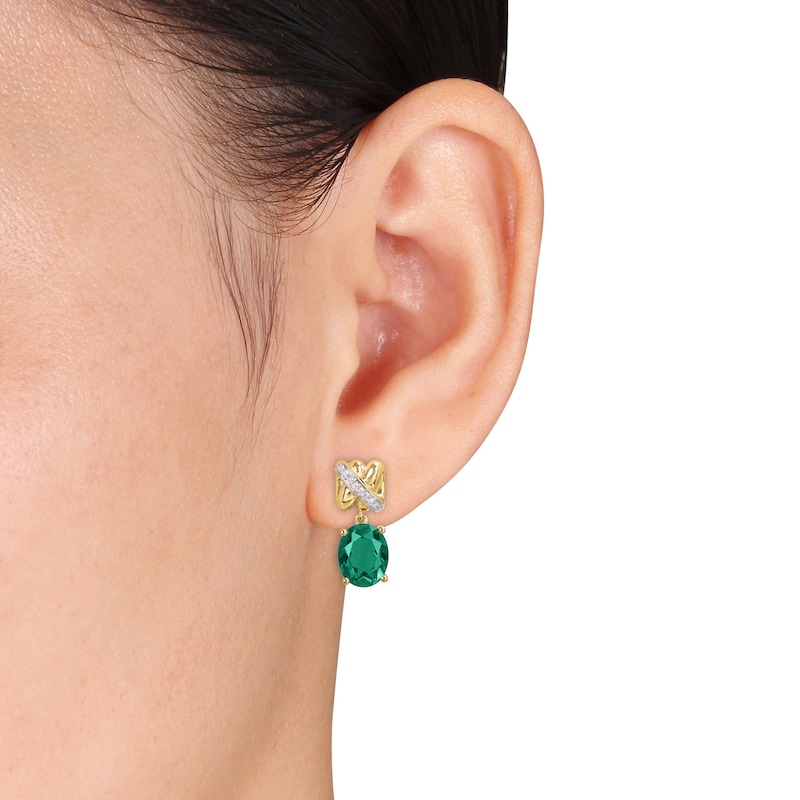 Main Image 3 of Y-Knot Lab-Created Emerald Earrings 1/15 Diamonds 14K Yellow Gold