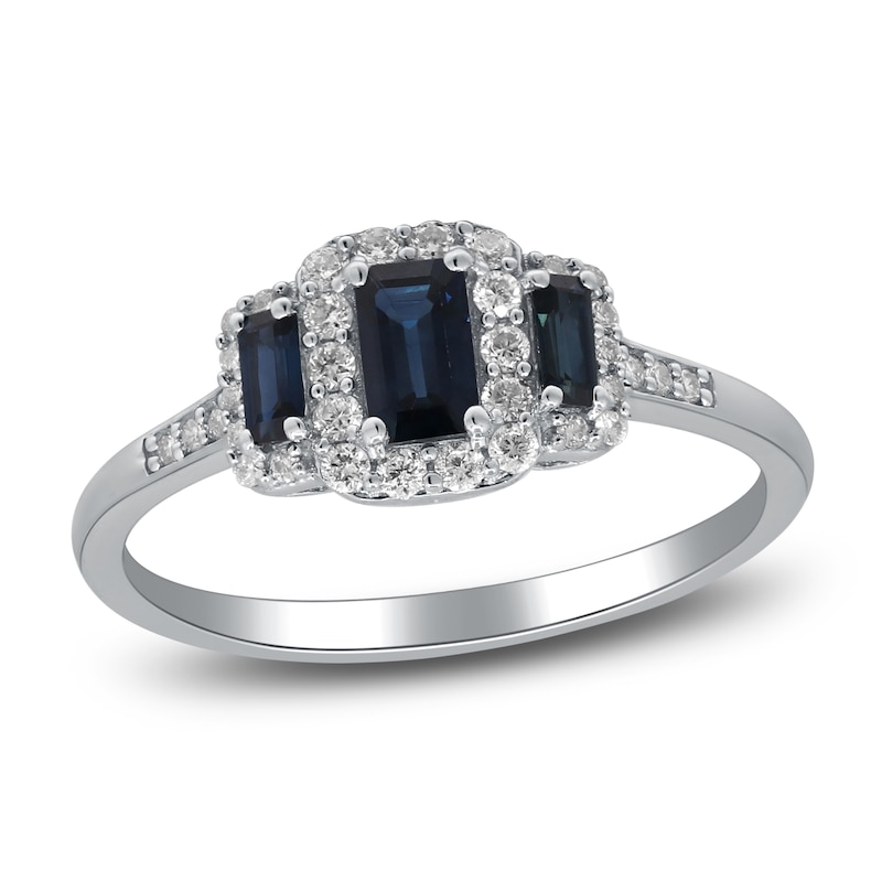 Natural Blue Sapphire & Diamond 3-Stone Ring 1/5 ct tw 14K White Gold