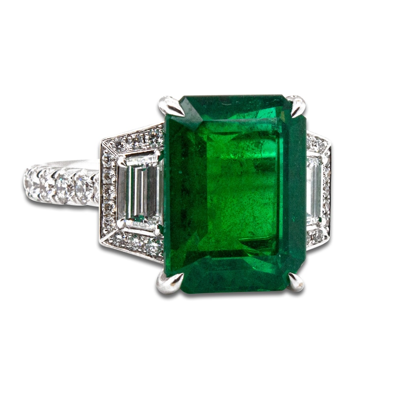 Natural Emerald Ring 1 ct tw Diamonds 18K White Gold