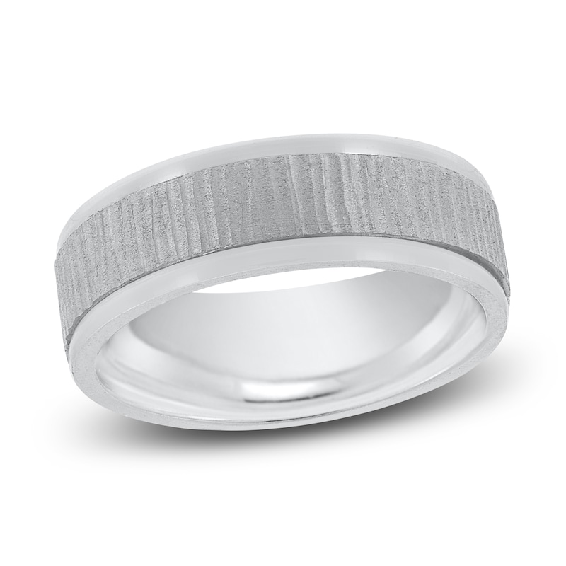 Men's Hammered Beveled Wedding Band 14K White Gold 7mm