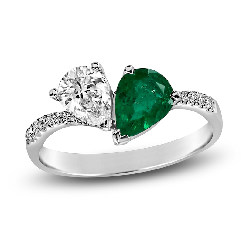 Main Image 1 of Pear-Shaped Diamond & Natural Emerald Engagement Ring 1/2 ct tw 14K White Gold