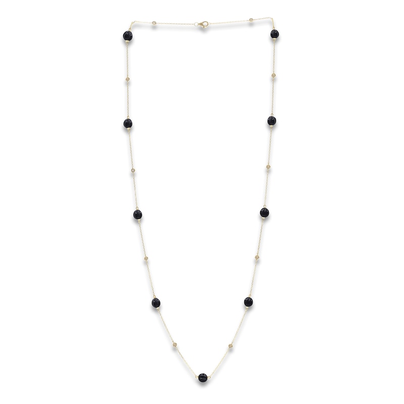 Natural Black Onyx Bead & Diamond Station Necklace 1/4 ct tw 14K Yellow Gold 24"