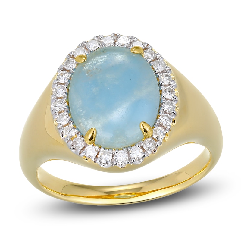 Main Image 1 of Oval-Cut Natural Milky Aquamarine & Diamond Halo Ring 1/4 ct tw 14K Yellow Gold