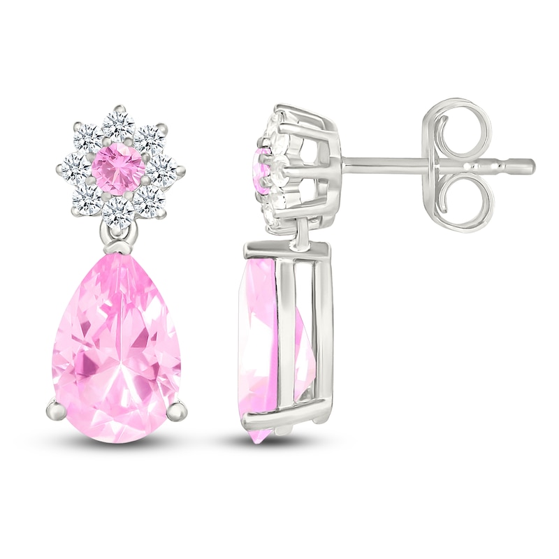 Main Image 3 of Pink & White Lab-Created Sapphire Flower Dangle Earrings Sterling Silver