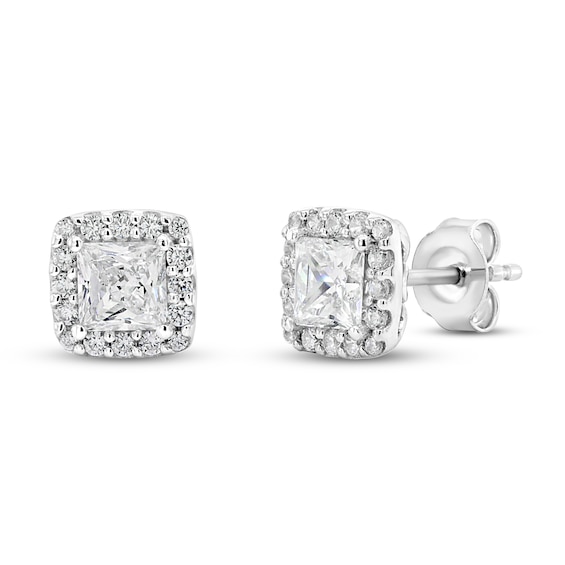 Diamond Stud Earrings 1 3/8 ct tw Princess/Round 14K White Gold ...