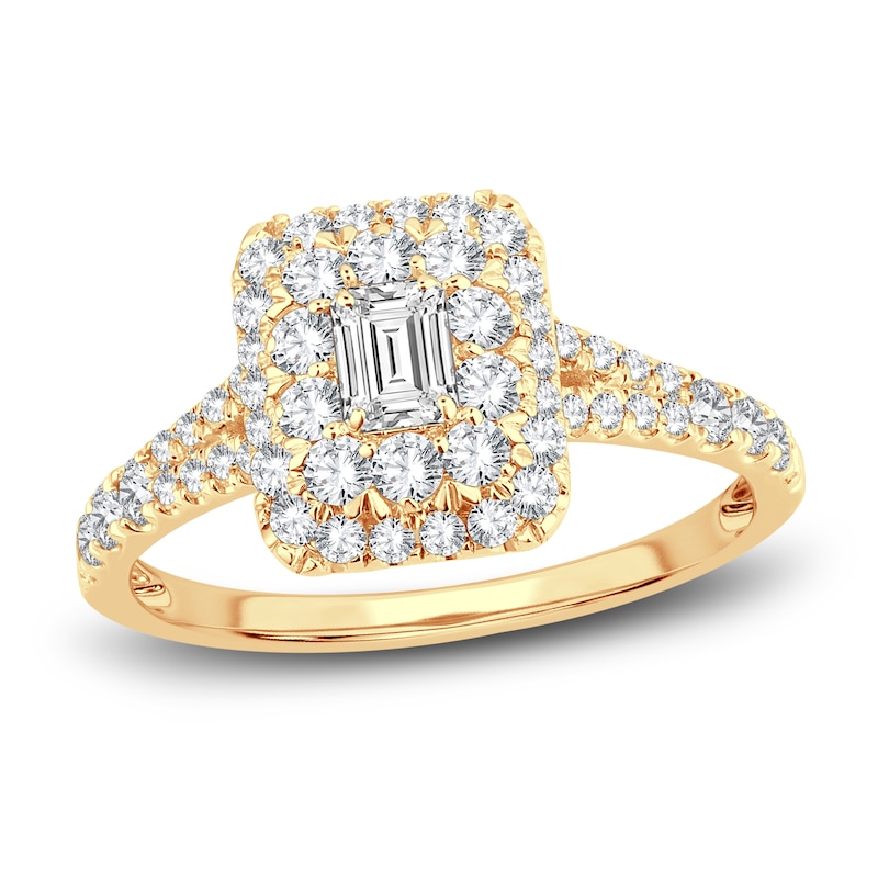Diamond Double Halo Engagement Ring 1 ct tw Emerald/Round 14K Yellow ...