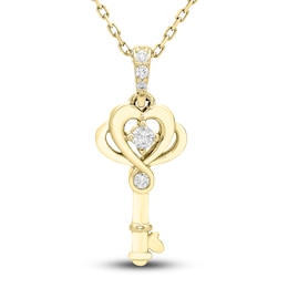 Diamond Heart Key Pendant Necklace 1/15 ct tw Round 10K Yellow Gold 18&quot;