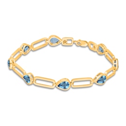 Kallati Pear-Shaped Natural Blue Topaz Bracelet 1/15 ct tw Diamonds 14K Yellow Gold 7&quot;