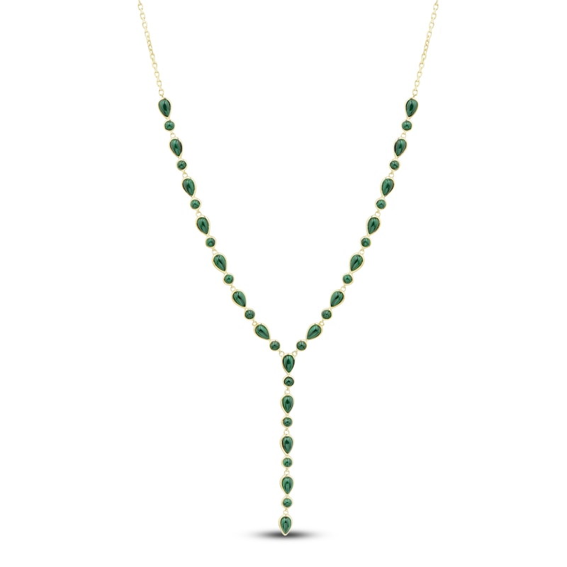 Pear-Shaped & Round-Cut Natural Malachite Y-Drop Necklace 14K Yellow Gold