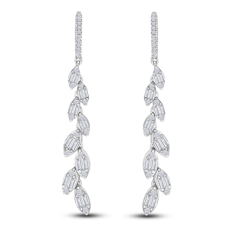 Main Image 1 of Baguette & Round-Cut Diamond Vine Hoop Drop Earrings 1 ct tw 14K White Gold