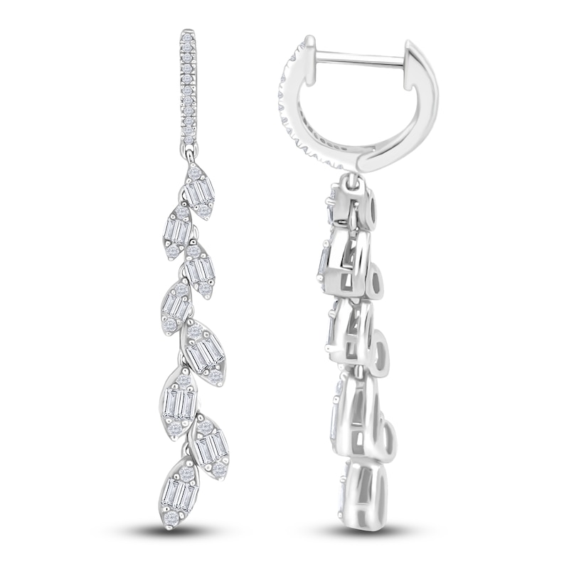 Main Image 3 of Baguette & Round-Cut Diamond Vine Hoop Drop Earrings 1 ct tw 14K White Gold