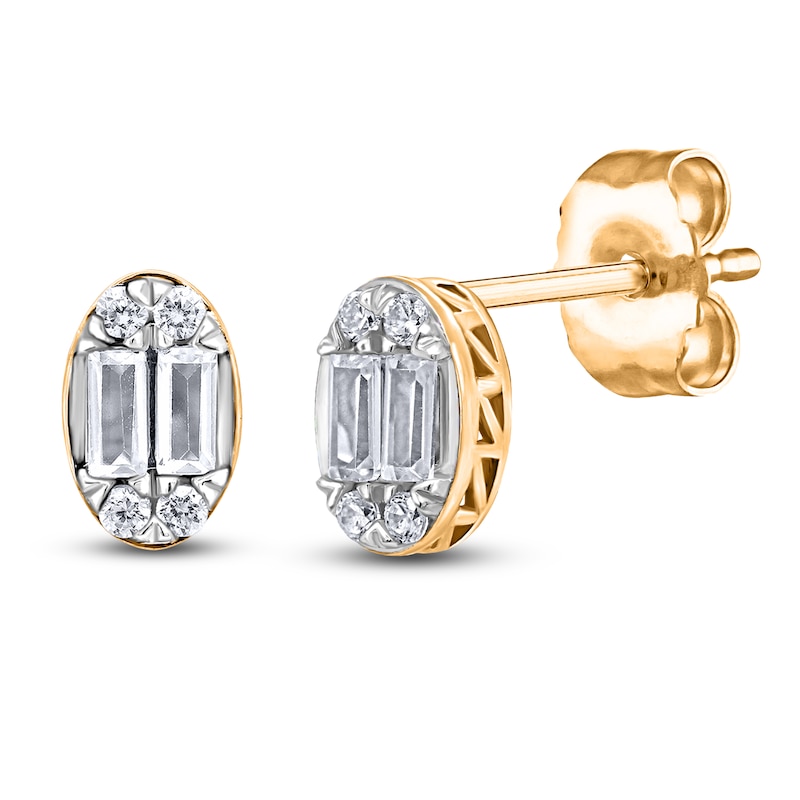 Main Image 2 of Baguette & Round-Cut Multi-Diamond Oval Stud Earrings 1/4 ct tw 14K Yellow Gold