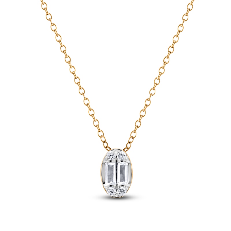 Main Image 1 of Baguette & Round-Cut Multi-Diamond Oval Necklace 1/6 ct tw 14K Yellow Gold 18&quot;