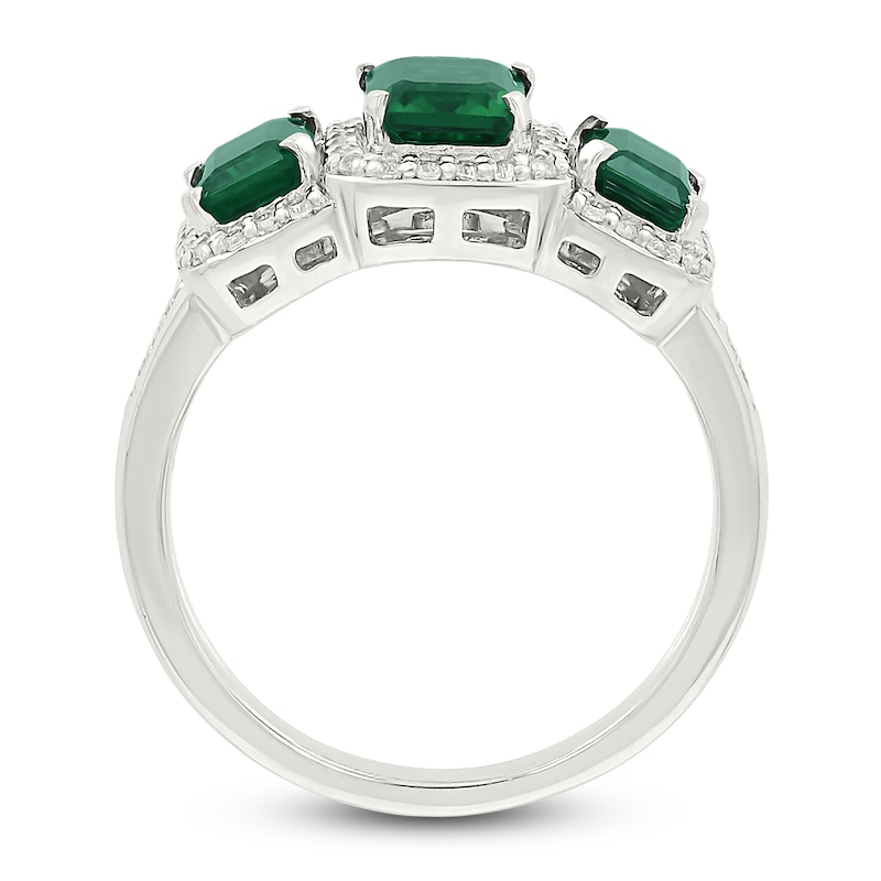 Main Image 4 of Rectangle-Cut Lab-Created Emerald & White Lab-Created Sapphire Three-Stone Ring Sterling Silver