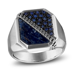 1933 by Esquire Men's Natural Sodalite & Created Blue Sapphire Chain Ring Sterling Silver