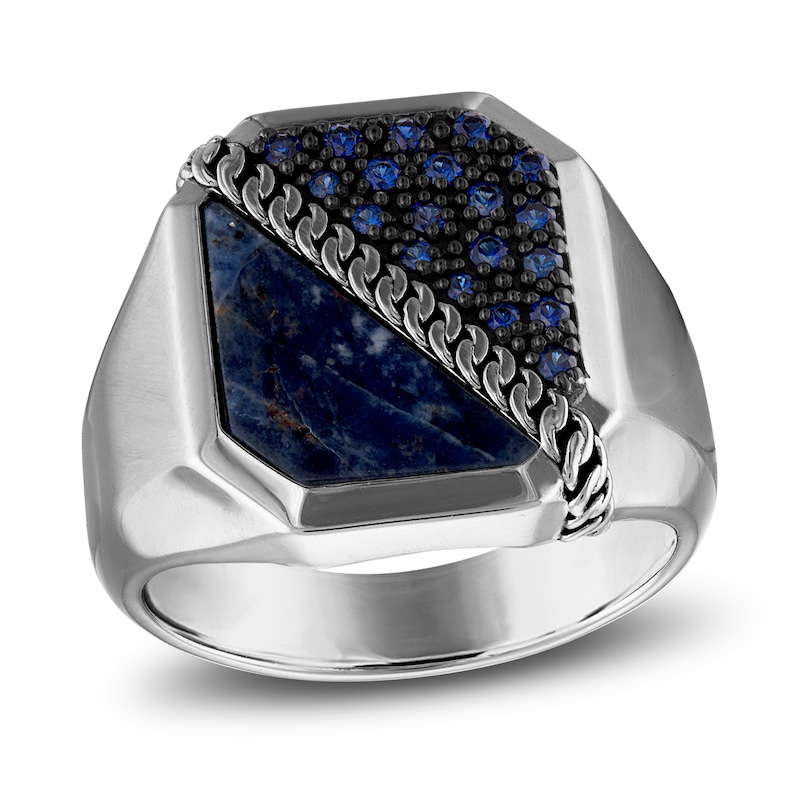 Main Image 1 of 1933 by Esquire Men's Natural Sodalite & Created Blue Sapphire Chain Ring Sterling Silver