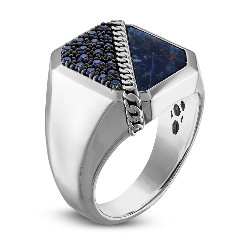 Main Image 2 of 1933 by Esquire Men's Natural Sodalite & Created Blue Sapphire Chain Ring Sterling Silver