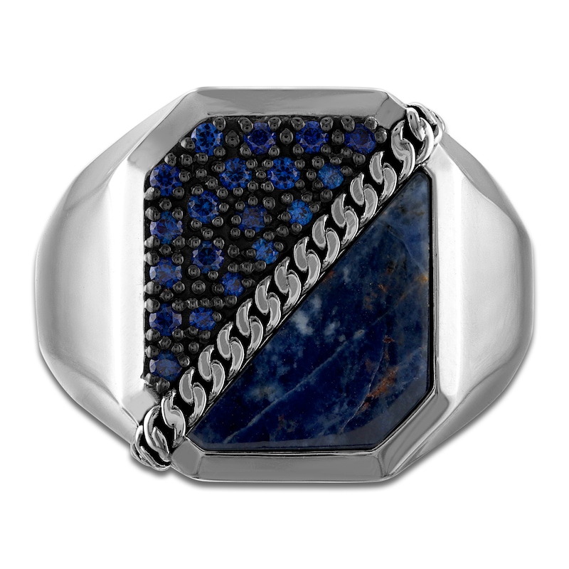 Main Image 3 of 1933 by Esquire Men's Natural Sodalite & Created Blue Sapphire Chain Ring Sterling Silver