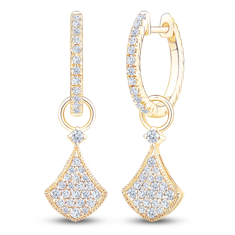 Main Image 2 of Diamond Shield-Shaped Dangle Hoop Earrings 1/2 ct tw 14K Yellow Gold