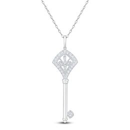 Baguette & Round-Cut Diamond Key Necklace 1/4 ct tw 14K White Gold 18&quot;