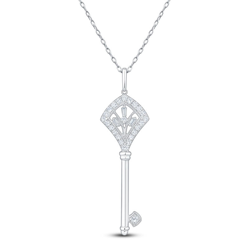 Main Image 1 of Baguette & Round-Cut Diamond Key Necklace 1/4 ct tw 14K White Gold 18&quot;