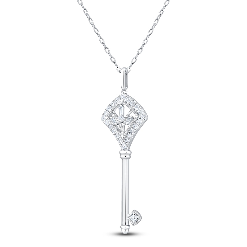 Main Image 3 of Baguette & Round-Cut Diamond Key Necklace 1/4 ct tw 14K White Gold 18&quot;