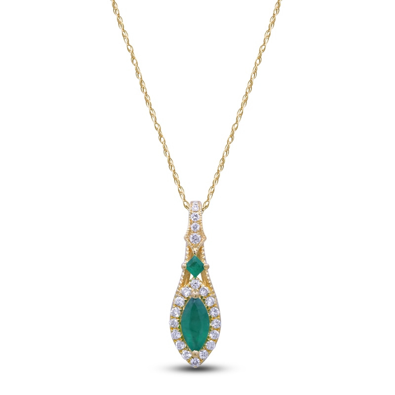 Main Image 1 of Marquise & Square-Cut Natural Emerald & Diamond Drop Necklace 1/4 ct tw 14K Yellow Gold 18&quot;