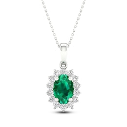 Oval-Cut Natural Emerald & Diamond Halo Necklace 1/5 ct tw 14K White Gold 18&quot;