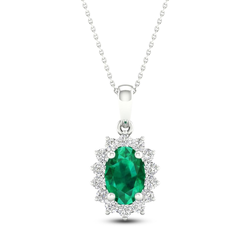 Main Image 1 of Oval-Cut Natural Emerald & Diamond Halo Necklace 1/5 ct tw 14K White Gold 18&quot;