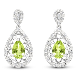 Pear-Shaped Natural Peridot & Diamond Dangle Earrings 1/6 ct tw Sterling Silver