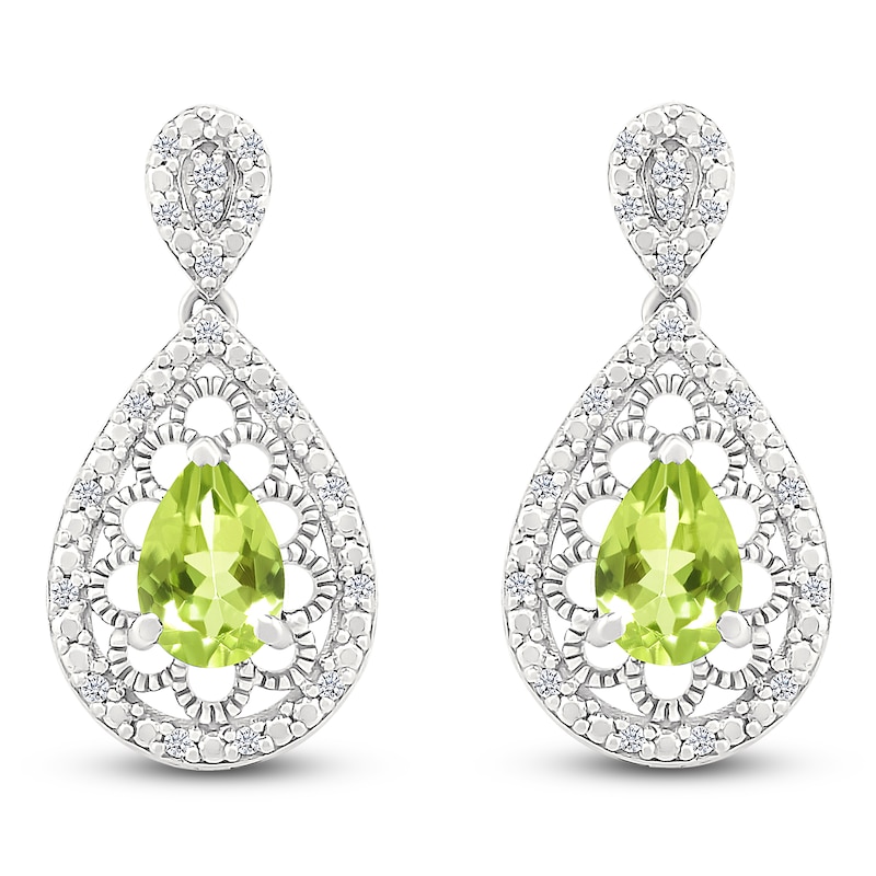 Main Image 1 of Pear-Shaped Natural Peridot & Diamond Dangle Earrings 1/6 ct tw Sterling Silver