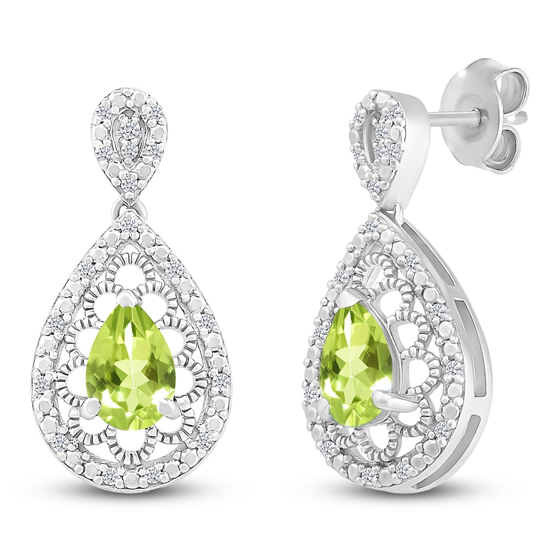 Main Image 2 of Pear-Shaped Natural Peridot & Diamond Dangle Earrings 1/6 ct tw Sterling Silver