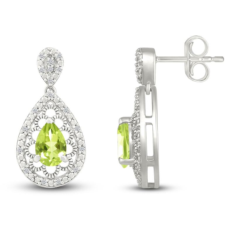 Main Image 3 of Pear-Shaped Natural Peridot & Diamond Dangle Earrings 1/6 ct tw Sterling Silver