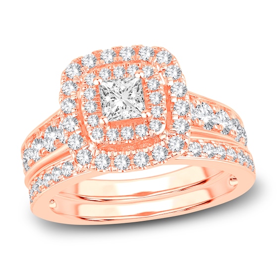 Diamond Double Halo Bridal Set 1-1/2 ct tw Princess/Round 14K Rose Gold ...