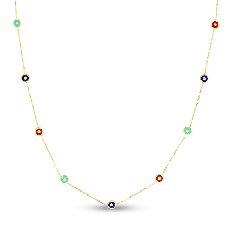 Multi-Colored Enamel Circle Necklace 14K Yellow Gold 18"