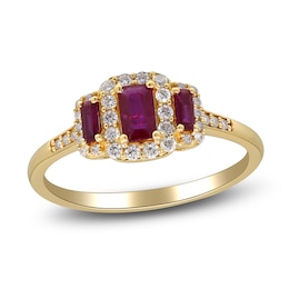 Natural Ruby & Diamond 3-Stone Ring 1/5 ct tw 14K Yellow Gold